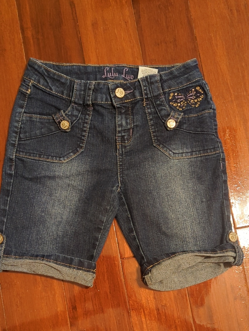 Girls' Dark Blue Denim Shorts with Butterfly Accent